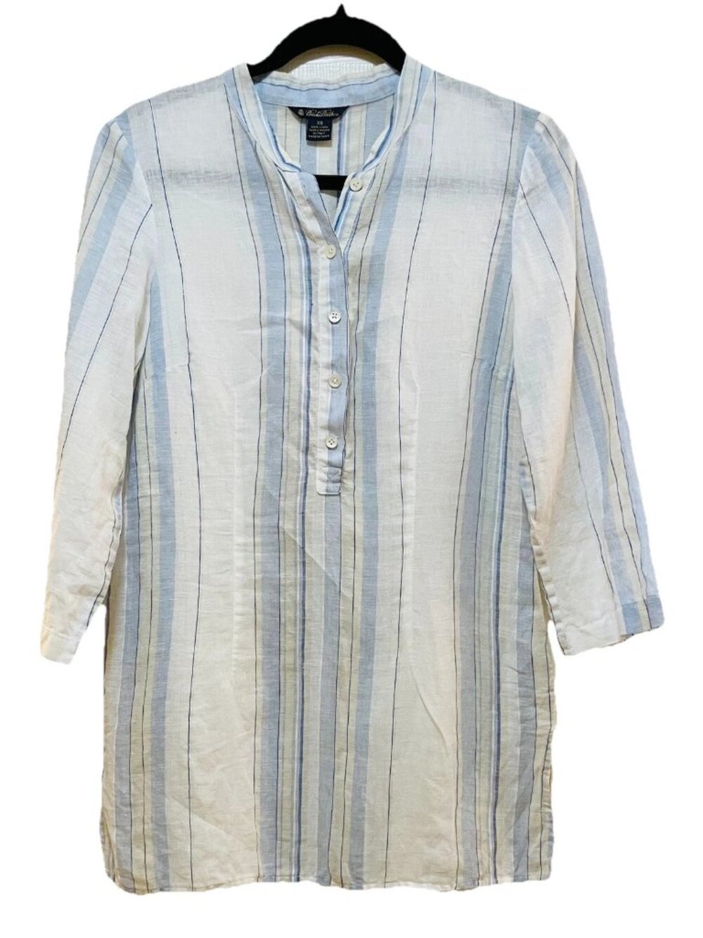 BROOKS BROTHERS White with Lt Blue/Blue Stripes 100% Linen Tunic Blouse Sz XS